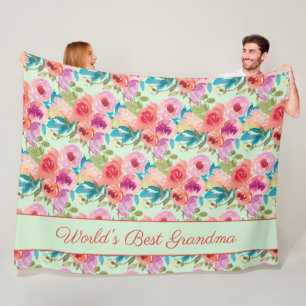 World Best Grandma Pink Purple Flowers Mint Green Fleece Blanket