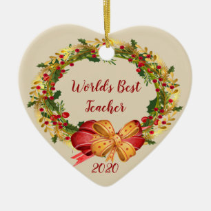 World Best Teacher Dated Antique Wreath Christmas Ceramic Ornament