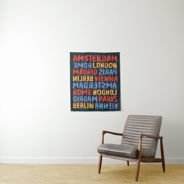 World City | Brush and Ink Typography Pattern Tapestry (In Situ)