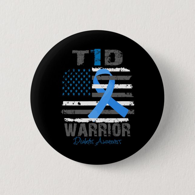 World Diabetes Awareness Blue Ribbon T1D Warrior T 2 Inch Round Button (Front)