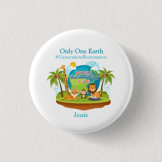 World Environment Day Custom Text Jungle Animals 1 Inch Round Button (Front)