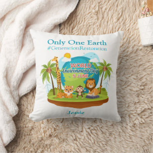 World Environment Day Custom Text Jungle Animals Throw Pillow