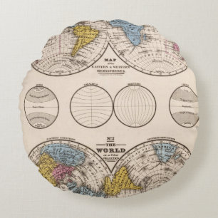 World Equatorial Projection and Polar Projection Round Pillow