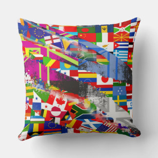 World Flag Global Glitch Abstract Collage  Throw Pillow