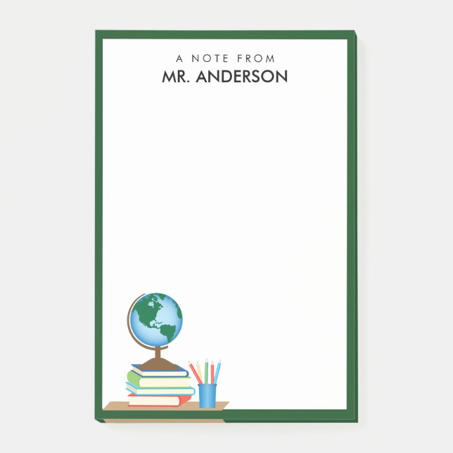 World Globe on Stack of Books Personalized Teacher Post-it Notes (Front)