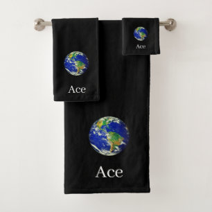 World Globe & Text on Black Bath Towel Set