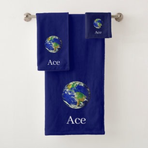 World Globe & Text on Navy Blue Bath Towel Set
