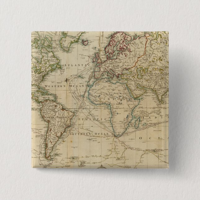 World Hand Coloured map 2 Inch Square Button (Front)