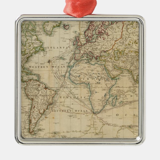 World Hand Coloured map Metal Ornament (Front)