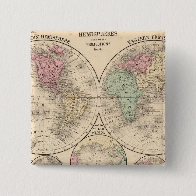 World hemispheres  Map by Mitchell 2 Inch Square Button (Front)
