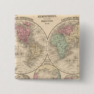 World hemispheres  Map by Mitchell 2 Inch Square Button