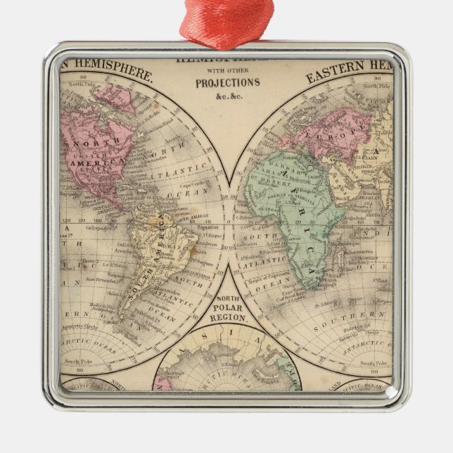 World hemispheres  Map by Mitchell Metal Ornament (Front)