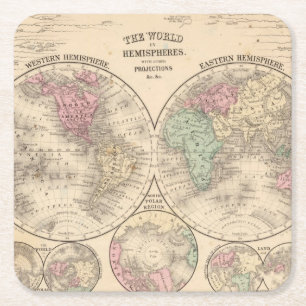 World hemispheres Map by Mitchell Square Paper Coaster