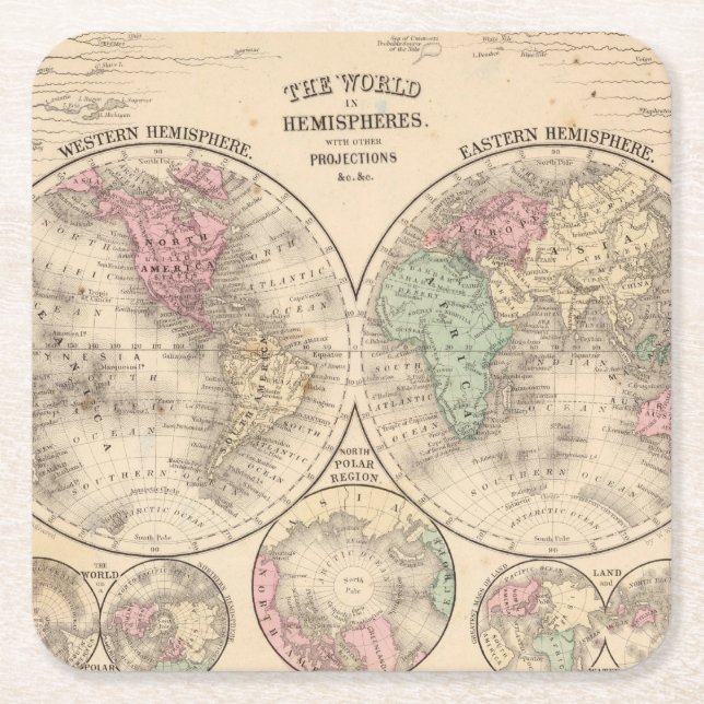 World hemispheres  Map by Mitchell Square Paper Coaster (Front)