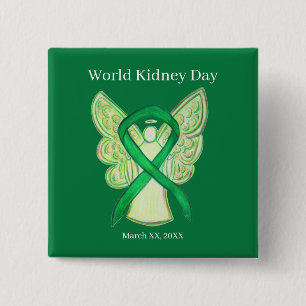 World Kidney Day Green Awareness Ribbon Button