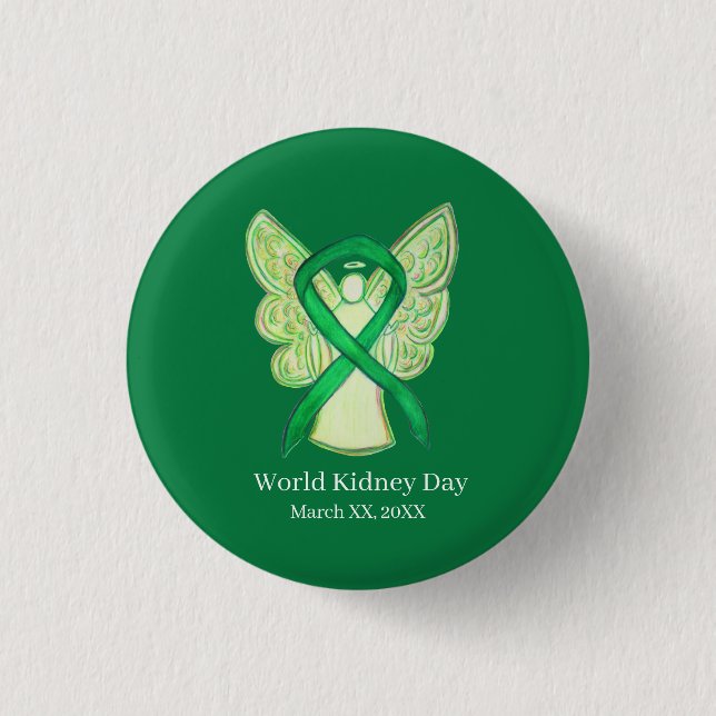 World Kidney Day Green Awareness Ribbon Custom Pin (Front)