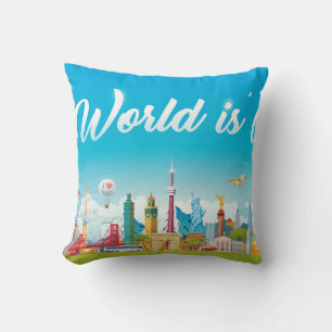 World Landmarks: Travel Vintage Set Throw Pillow