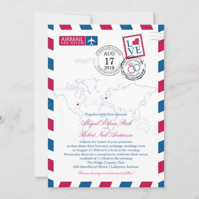World Locations USA and Germany Airmail | Wedding Invitation (Front)