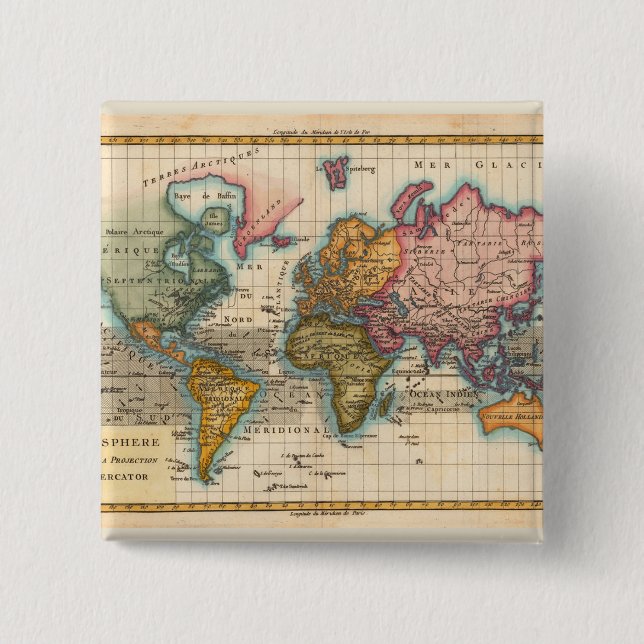 World Map 1700s Antique Continents  2 Inch Square Button (Front)