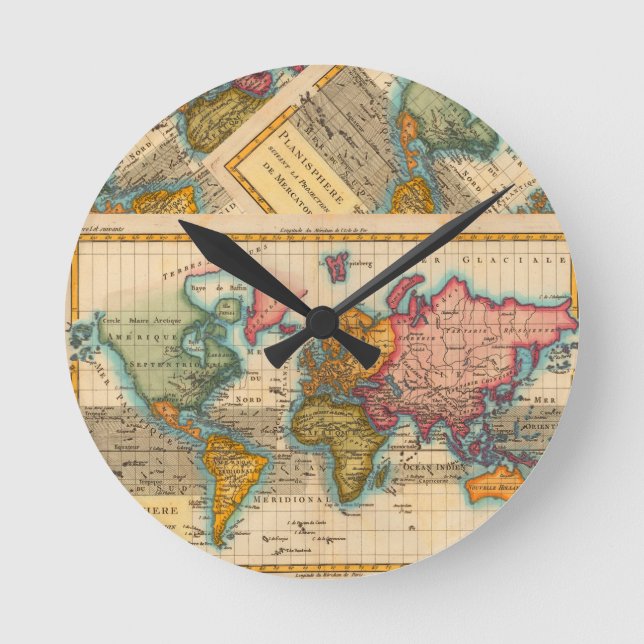 World Map 1700s Antique Continents  Round Clock (Front)