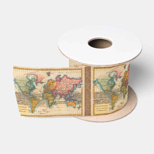 World Map 1700s Antique Continents  Satin Ribbon (Spool)
