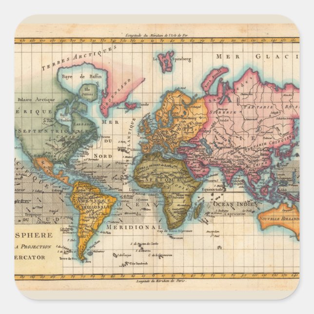 World Map 1700s Antique Continents  Square Sticker (Front)