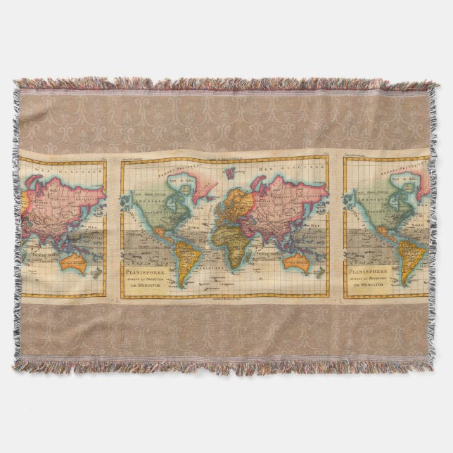 World Map 1700s Antique Continents  Throw Blanket (Front)