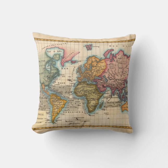 World Map 1700s Antique Continents  Throw Pillow (Front)