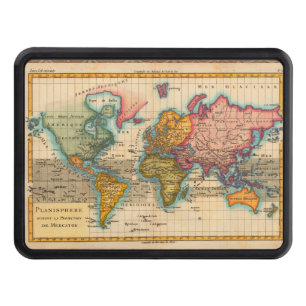 World Map 1700s Antique Continents  Trailer Hitch Cover
