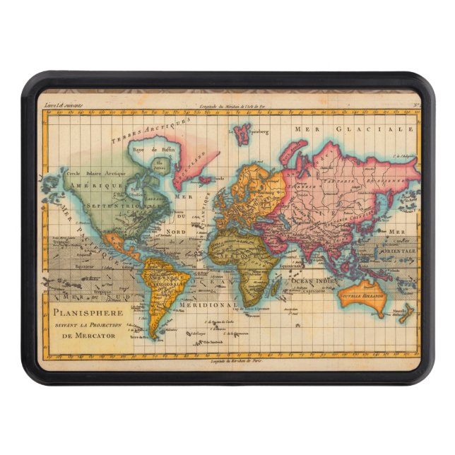 World Map 1700s Antique Continents  Trailer Hitch Cover (Front)