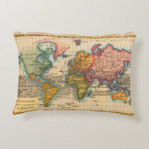 World Map 1780 Bonne Antique Planisphere Accent Pillow
