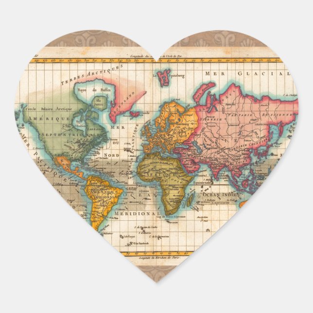 World Map 1780 Bonne Antique Planisphere  Heart Sticker (Front)