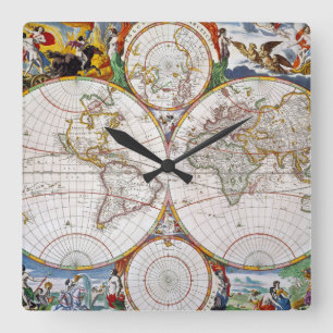 WORLD MAP, 17th CENTURY Square Wall Clock