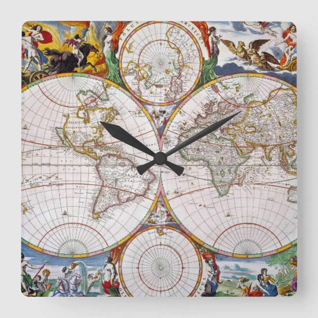 WORLD MAP, 17th CENTURY Square Wall Clock (Front)