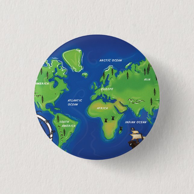 World Map 1 Inch Round Button (Front)