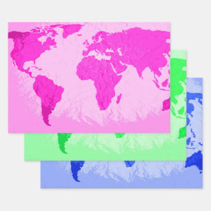 World Map Abstract Traveller Pink Green Blue Wrapping Paper Sheet