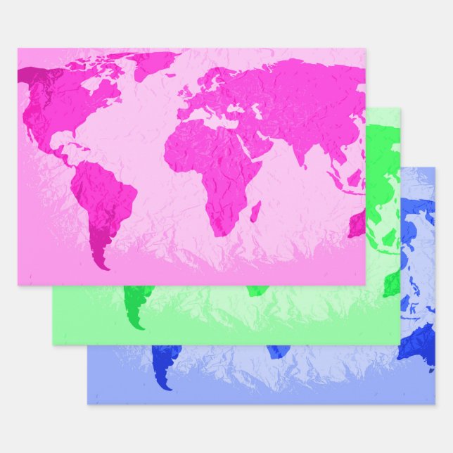World Map Abstract Traveller Pink Green Blue Wrapping Paper Sheet (Set)