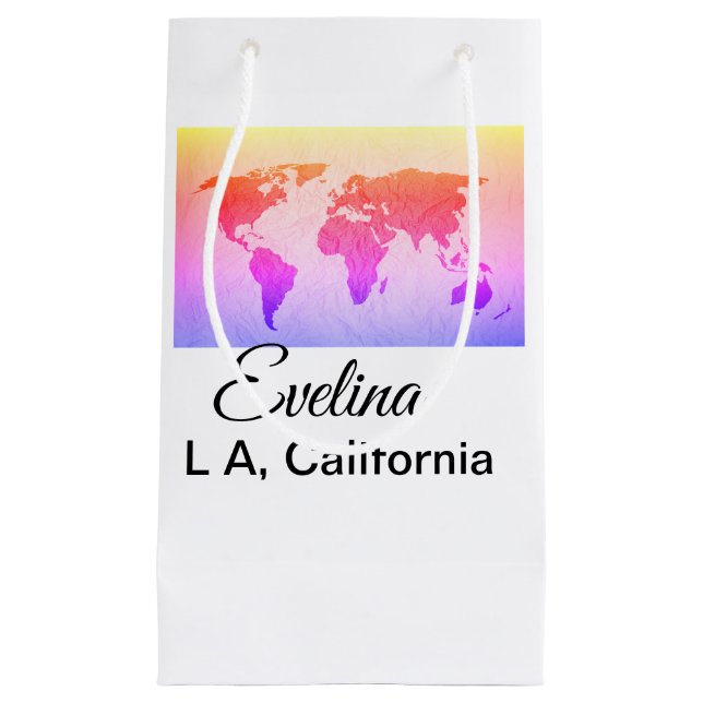World map add name text place country city text mi small gift bag (Front)
