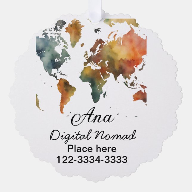 World map add your name text place city phone ornament card (Front)