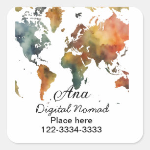 World map add your name text place city phone square sticker