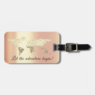 World Map Address Let Adventure Begin Gold Coral Luggage Tag