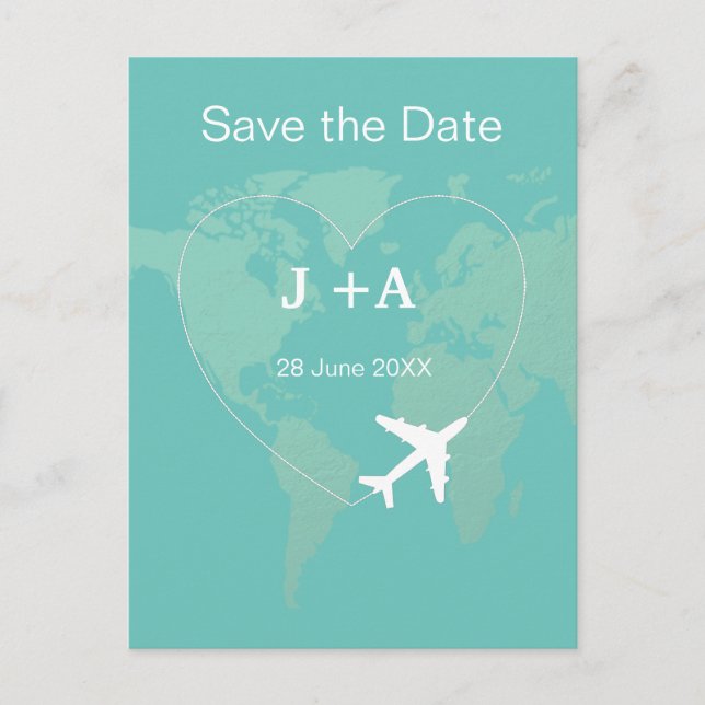 World map airplane save the date postcard (Front)