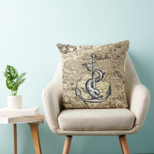 World Map Anchor and Dolphin Throw Pillow