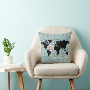 World Map, anchors and compass-rose Throw Pillow