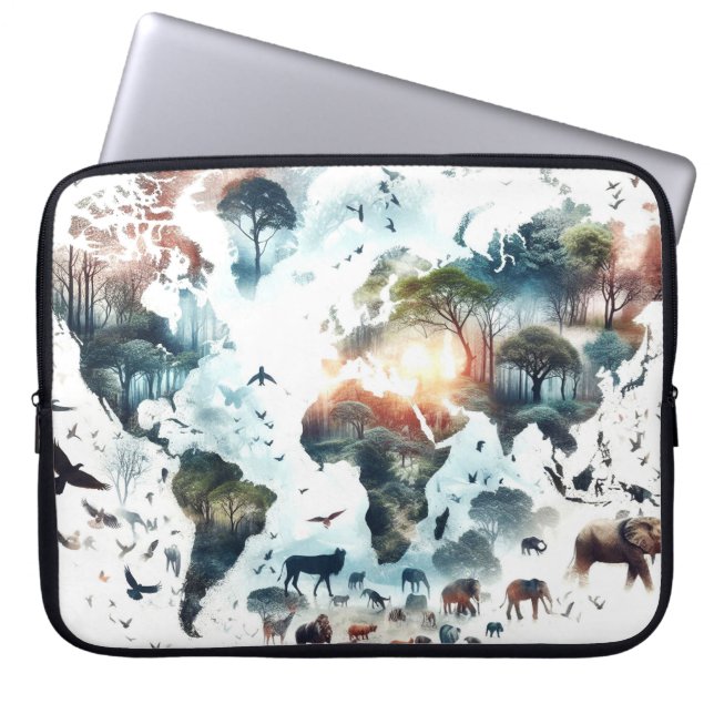 World Map and Animals Laptop Cases (Front)