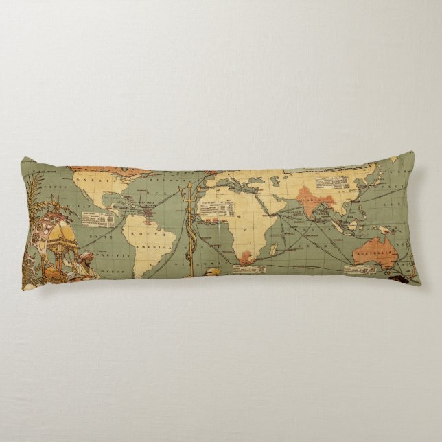 World Map Antique 1886 Illustrated Body Pillow (Back)