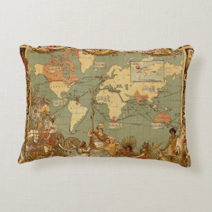 World Map Antique 1886 Illustrated Decorative Pillow