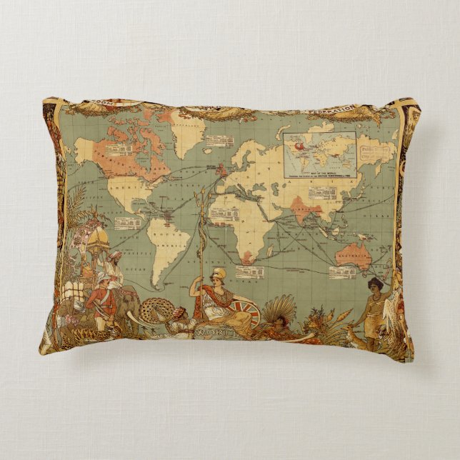 World Map Antique 1886 Illustrated Decorative Pillow (Back)