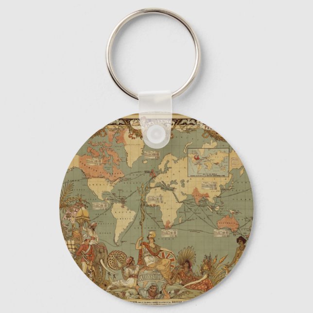 World Map Antique 1886 Illustrated Keychain (Front)