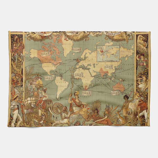 World Map Antique 1886 Illustrated Kitchen Towel (Horizontal)